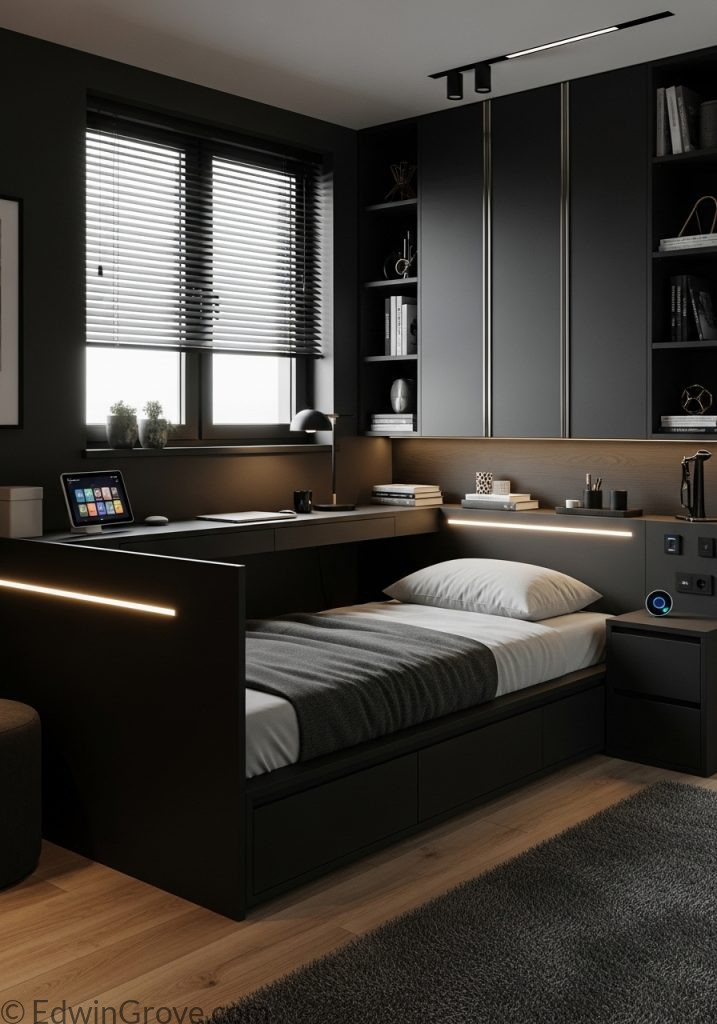 Space-saving black bedroom with modern storage solutions