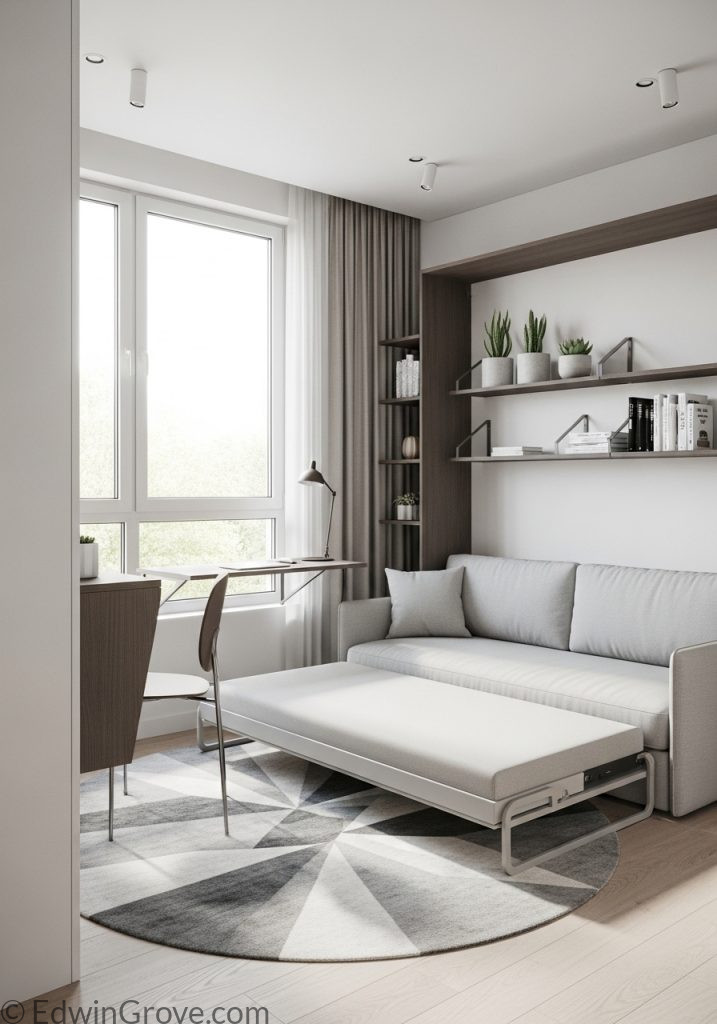 Space-saving furniture in a small modern bedroom