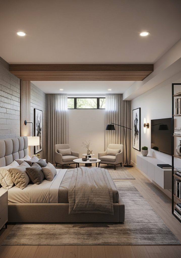 Spacious basement master bedroom with seating area