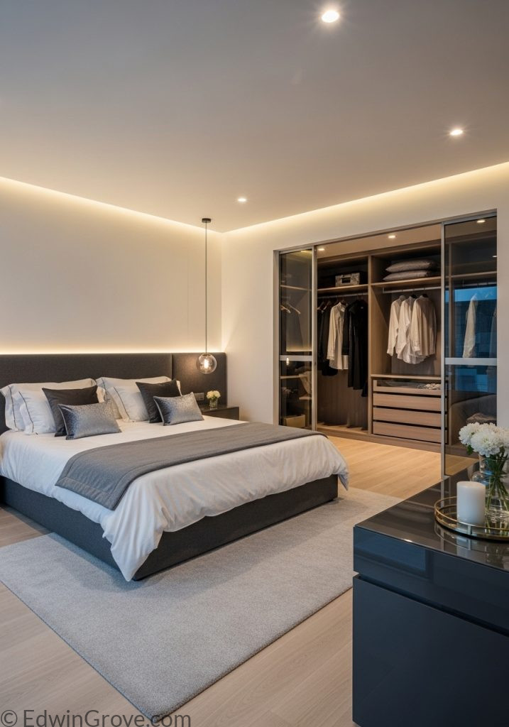 Spacious master bedroom with a modern walk-in closet design