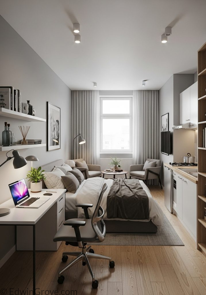 Studio apartment bedroom office with multifunctional design