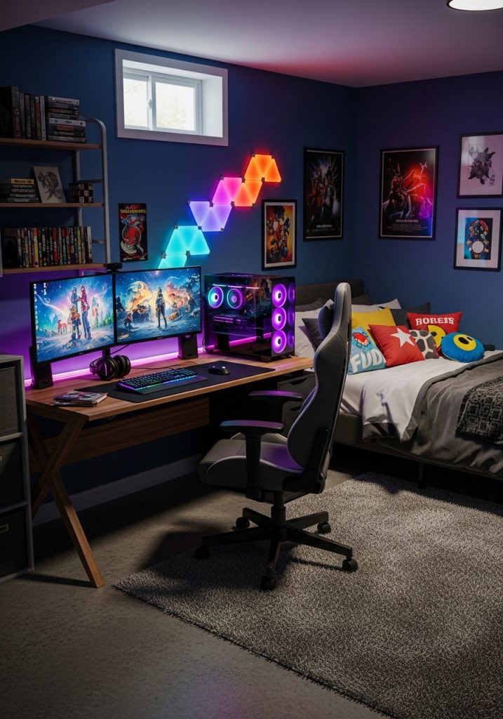 Stylish basement bedroom designed for a teenager