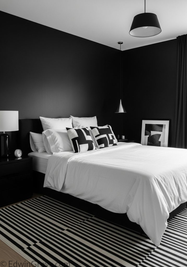 Stylish black and white bedroom with modern contrast decor