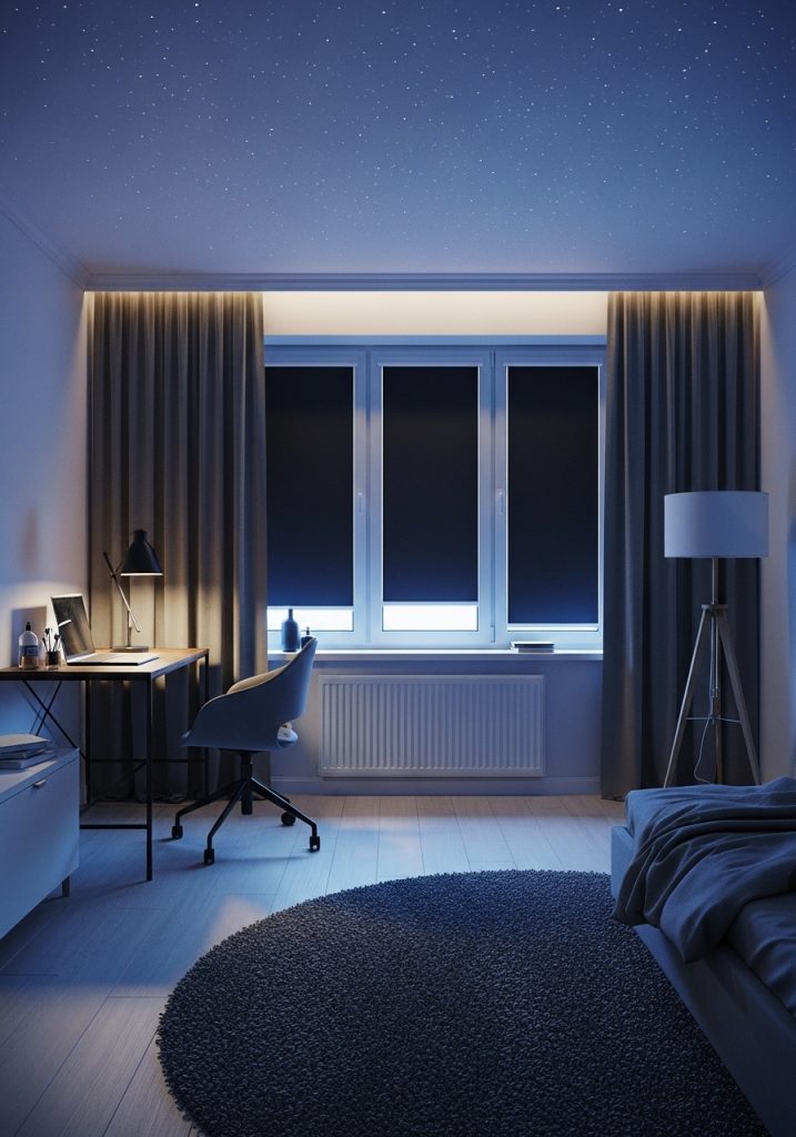 Stylish teenage boy bedroom with trendy decor and modern furniture