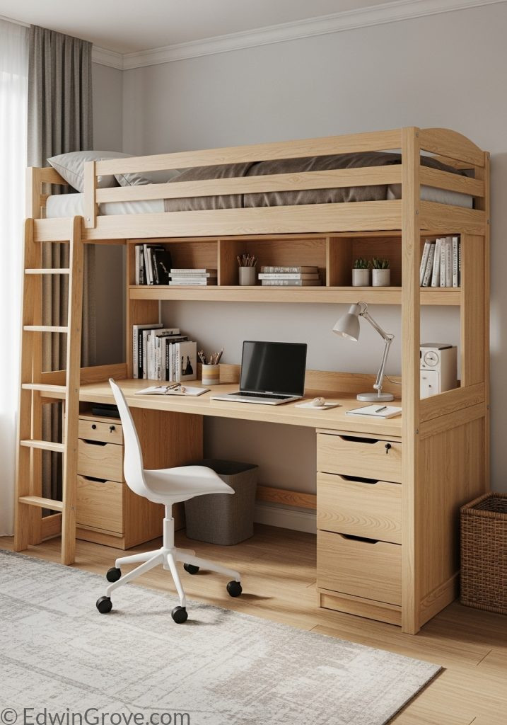 Teen girl bedroom with loft bed and workspace