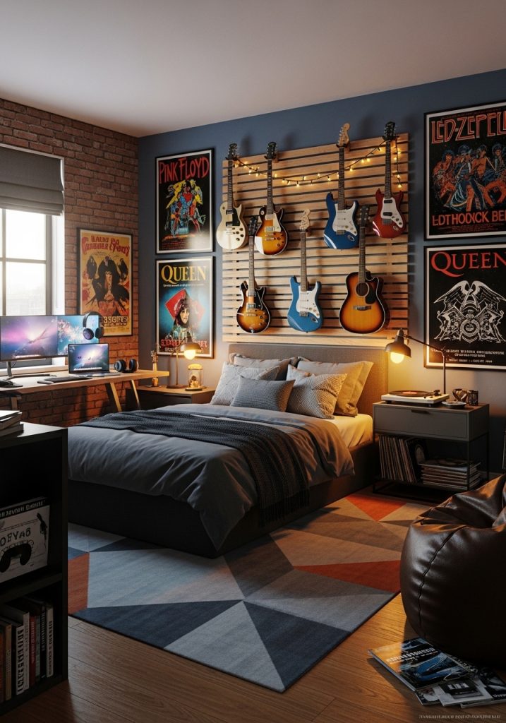 Teenage boy bedroom decorated with music themed items