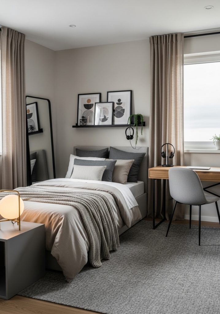 Teenage boy bedroom decorated with neutral color palette