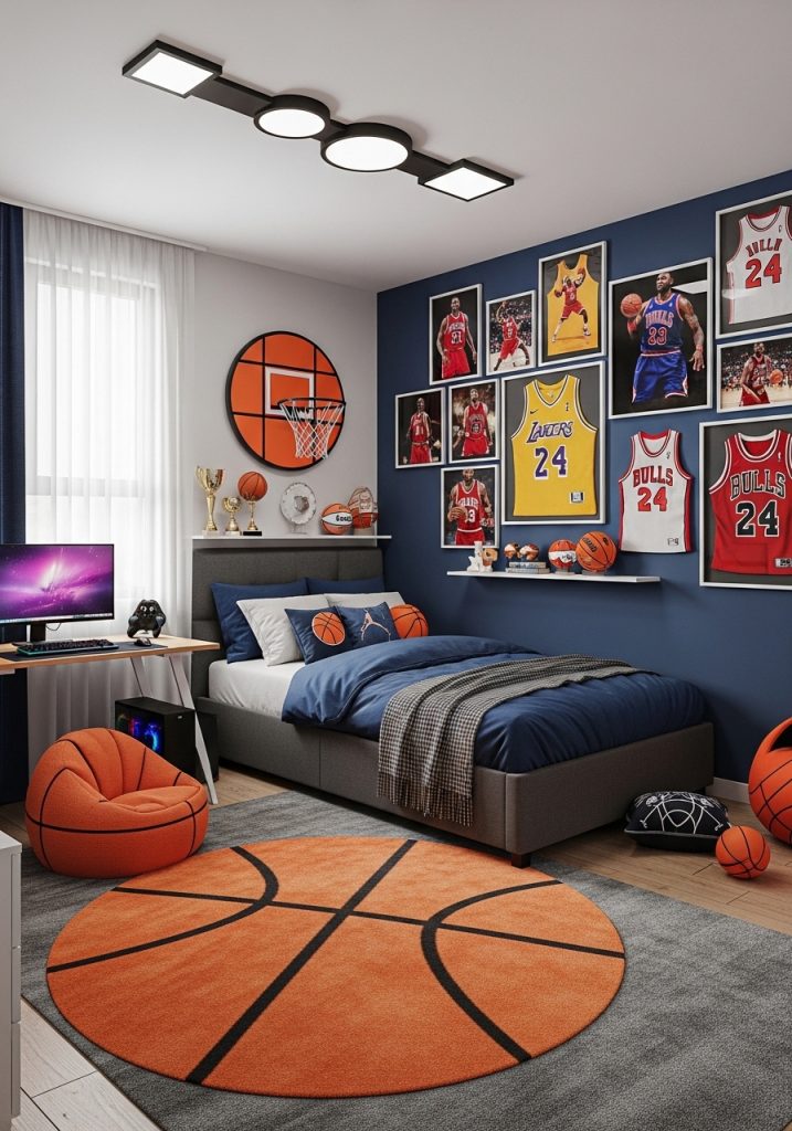 Teenage boy bedroom decorated with sports themed wall art and bedding