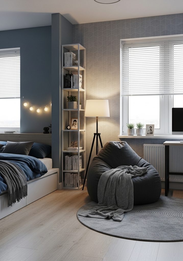 Teenage boy bedroom featuring a cozy reading corner