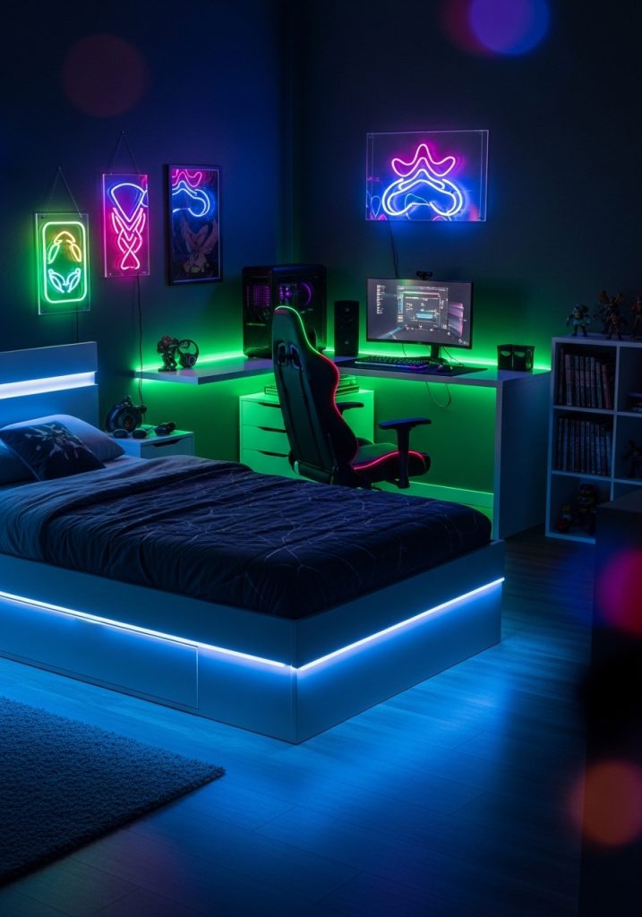 Teenage boy bedroom illuminated with colorful LED strip lights