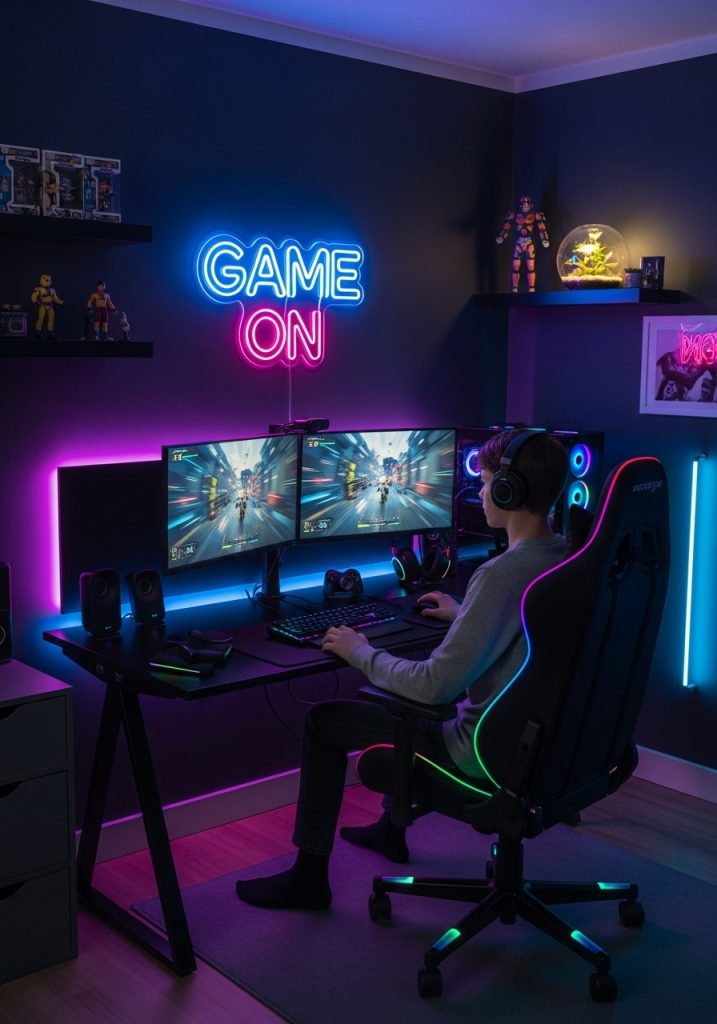 Teenage boy bedroom with gaming desk, monitors, and LED lights