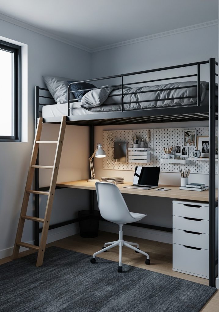 Teenage boy bedroom with loft bed and workspace below