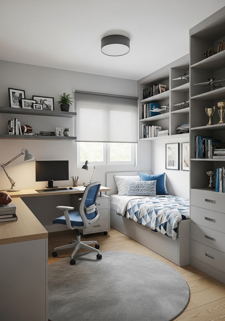 Teenage boy bedroom with organized storage solutions