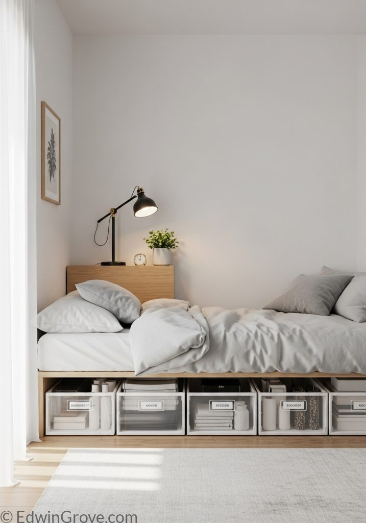 Under bed storage used in a small master bedroom