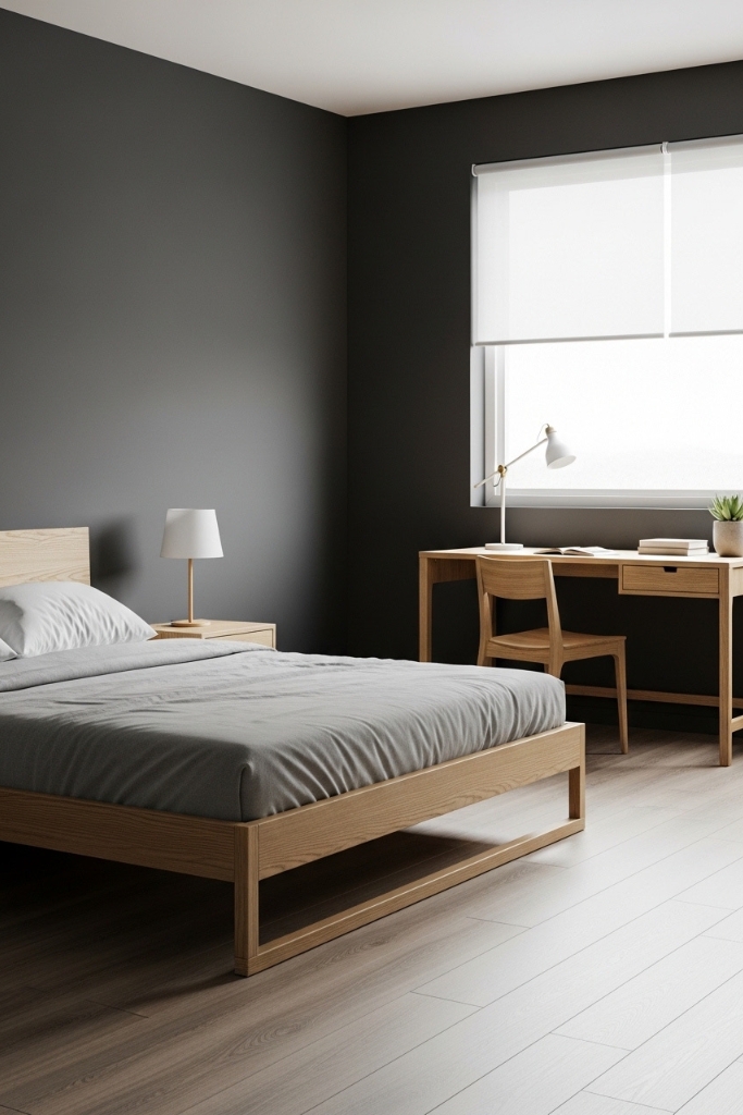 Modern teenage guy bedroom with minimalist furniture and clean lines