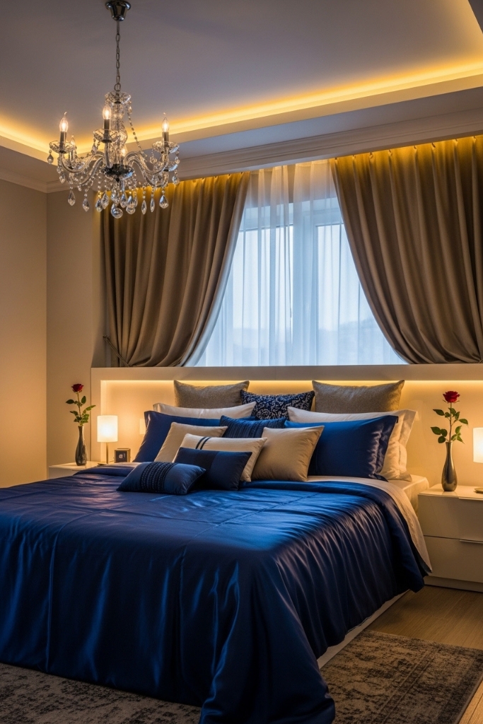 Romantic couple’s bedroom with silk satin bedding and warm lighting