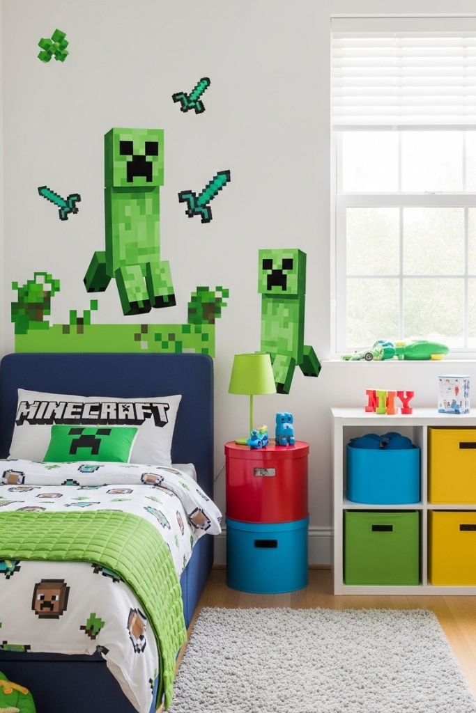 Minecraft-themed kids bedroom with Creeper wall decals and pixel bedding set