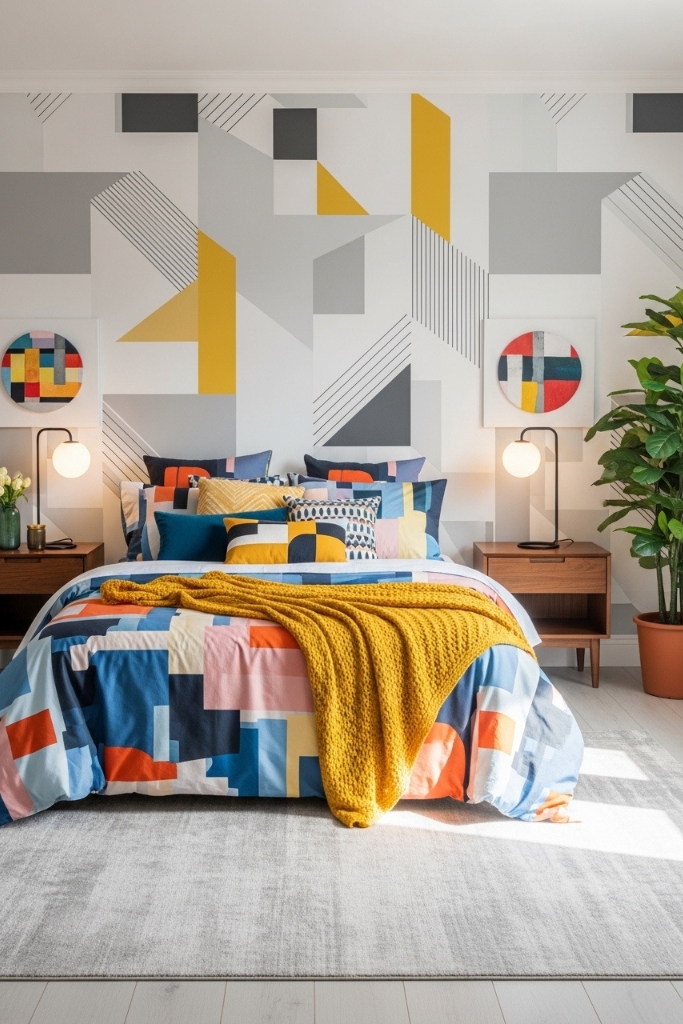 Trendy teen boy bedroom decor with geometric patterns and stylish accessories