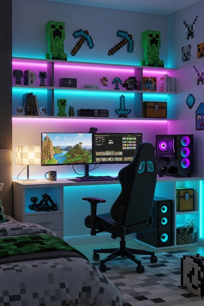 Minecraft gamer bedroom with RGB lighting and dual monitor setup