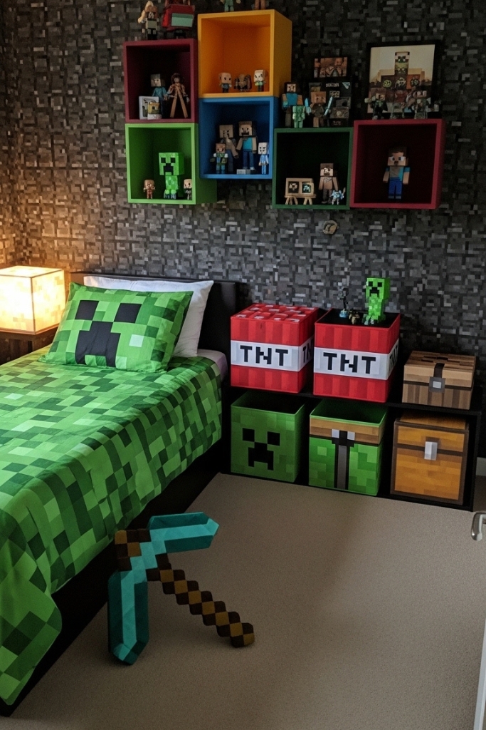 Minecraft bedroom for boys with Creeper bed sheets and block furniture