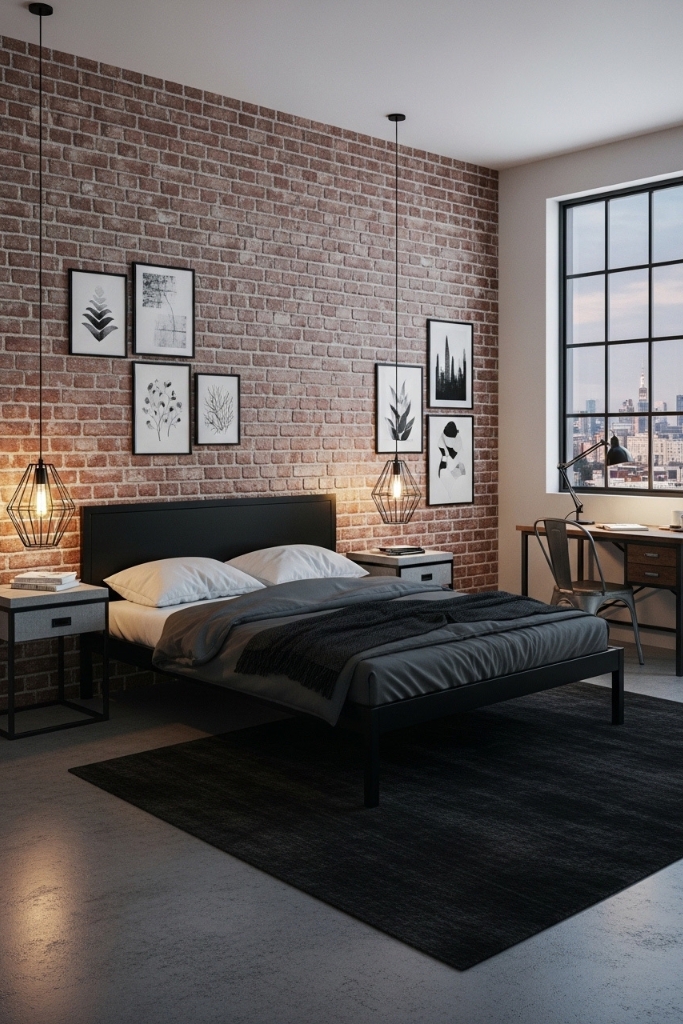 Industrial style teenage bedroom with exposed brick walls and metal furnishings