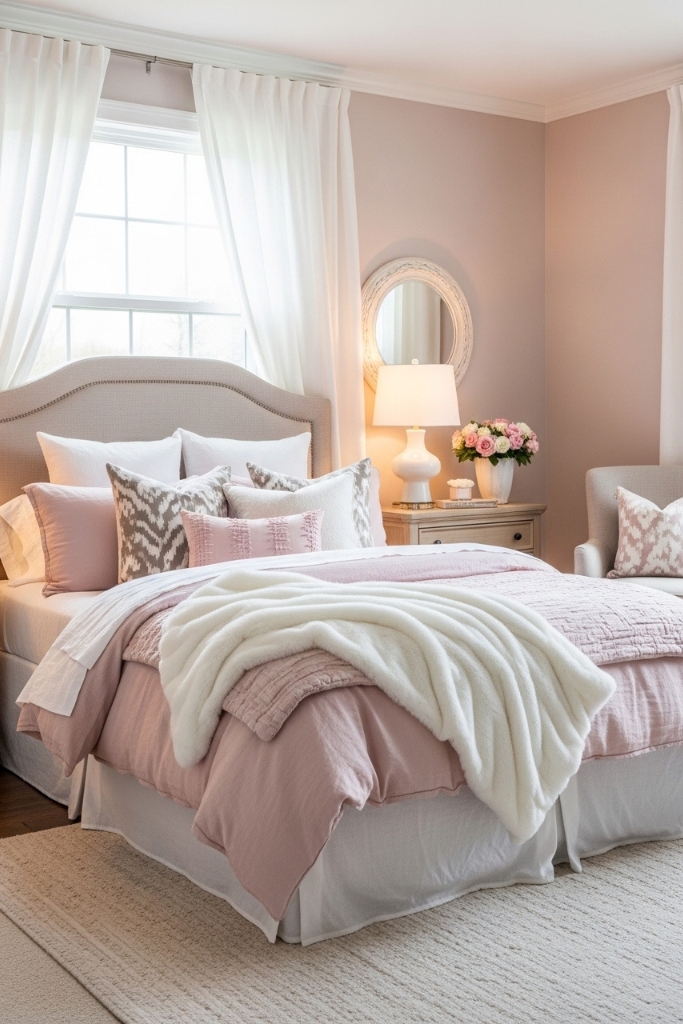 Cozy romantic bedroom with soft pastel color scheme for couples