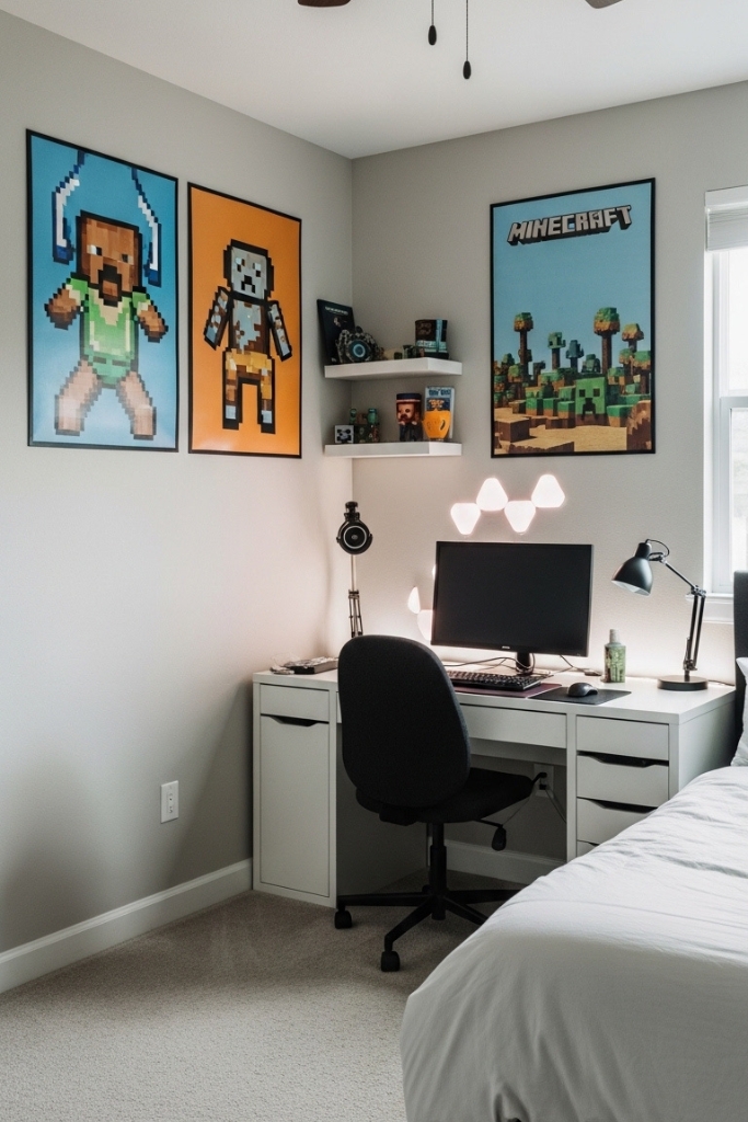 Teen Minecraft bedroom with pixel art and LED gaming setup