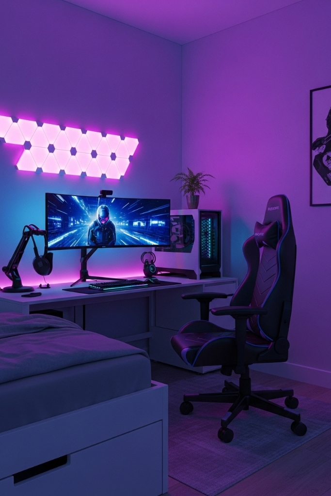 Gaming bedroom setup for teenage boy with LED lights and ergonomic chair