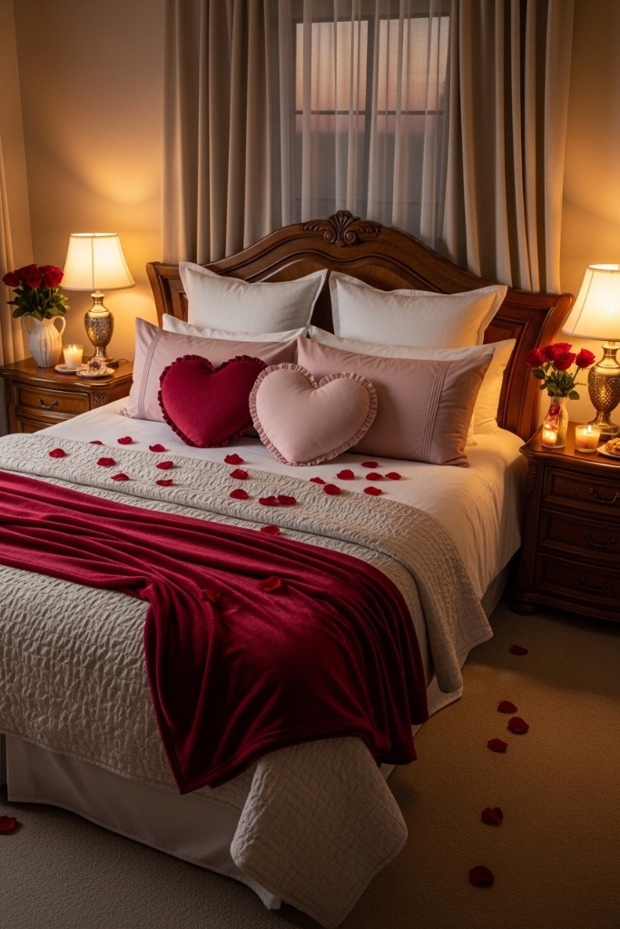 Elegant romantic bed with layered blankets and decorative pillows