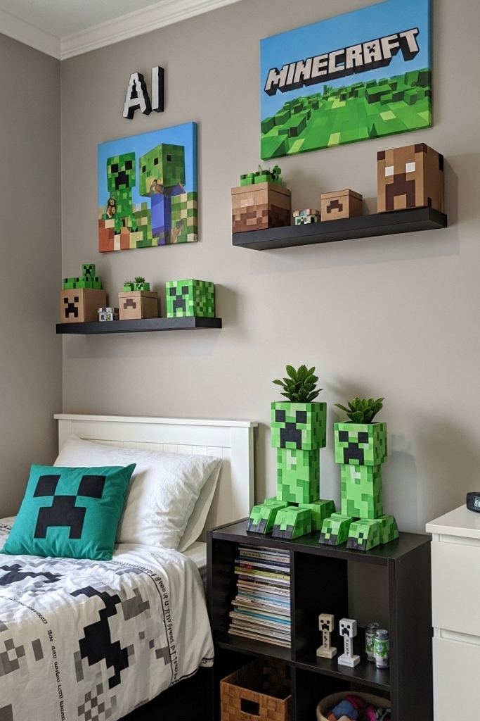 DIY Minecraft bedroom decor with pixel shelves and handmade wall art