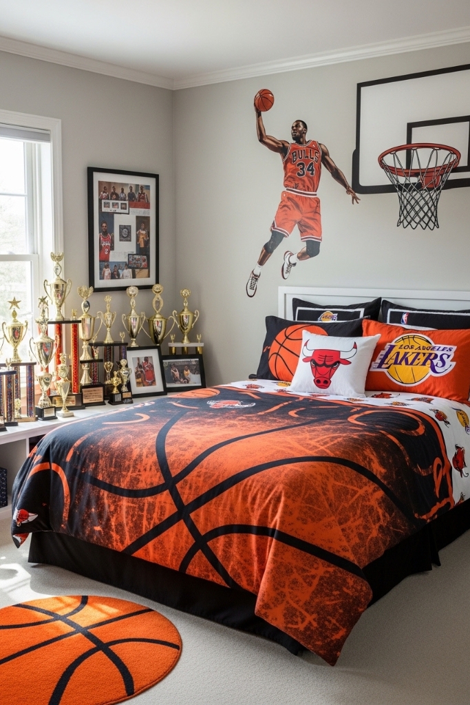 Sports themed bedroom for teenage boy with basketball decor and personal memorabilia