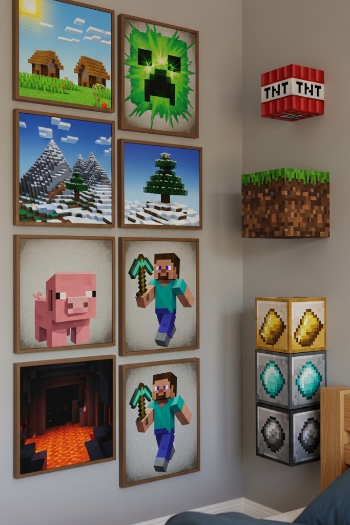 Minecraft wall art with pixel landscapes and framed Creeper posters.