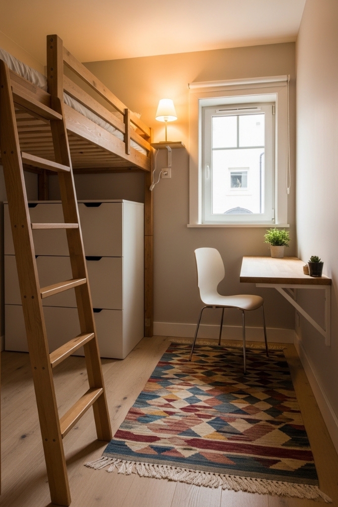 Space-saving furniture for teen boys room with loft bed and storage solutions
