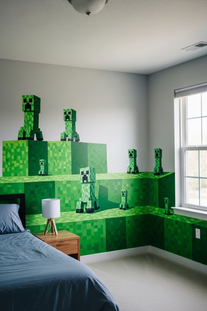 Minecraft pixel wall painting of grass blocks and Creepers in a bedroom