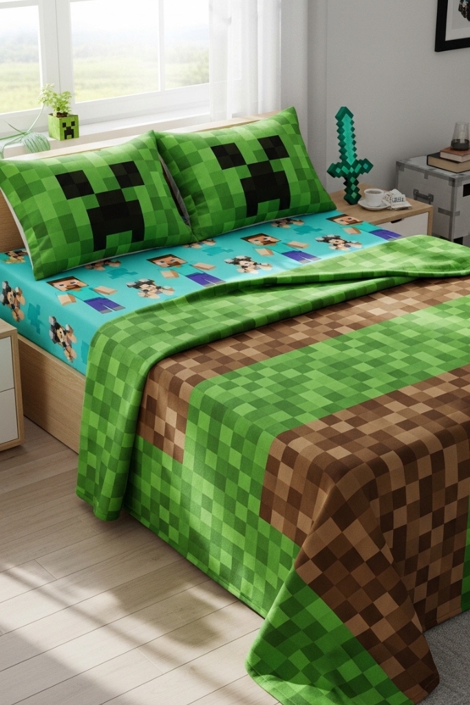 Minecraft bedding set with pixel blankets and character pillowcases.