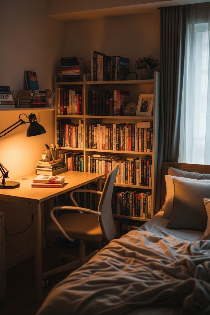 Teenage boy bedroom with study area featuring organized desk and storage