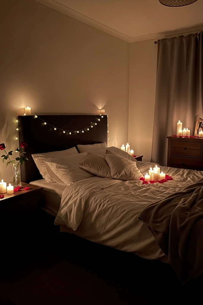 Romantic bedroom lit with soft warm lights and candles