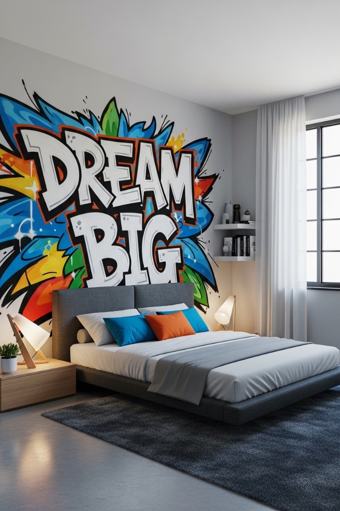 Graffiti wall art bedroom for teens with bold and colorful designs