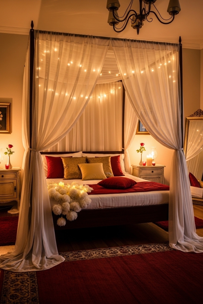 Romantic canopy bed with sheer drapes and cozy lighting