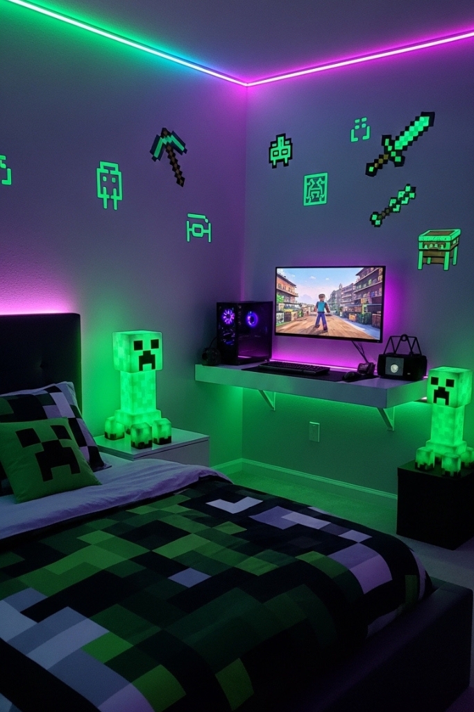 Minecraft bedroom with RGB LED lights and Creeper-themed lamps