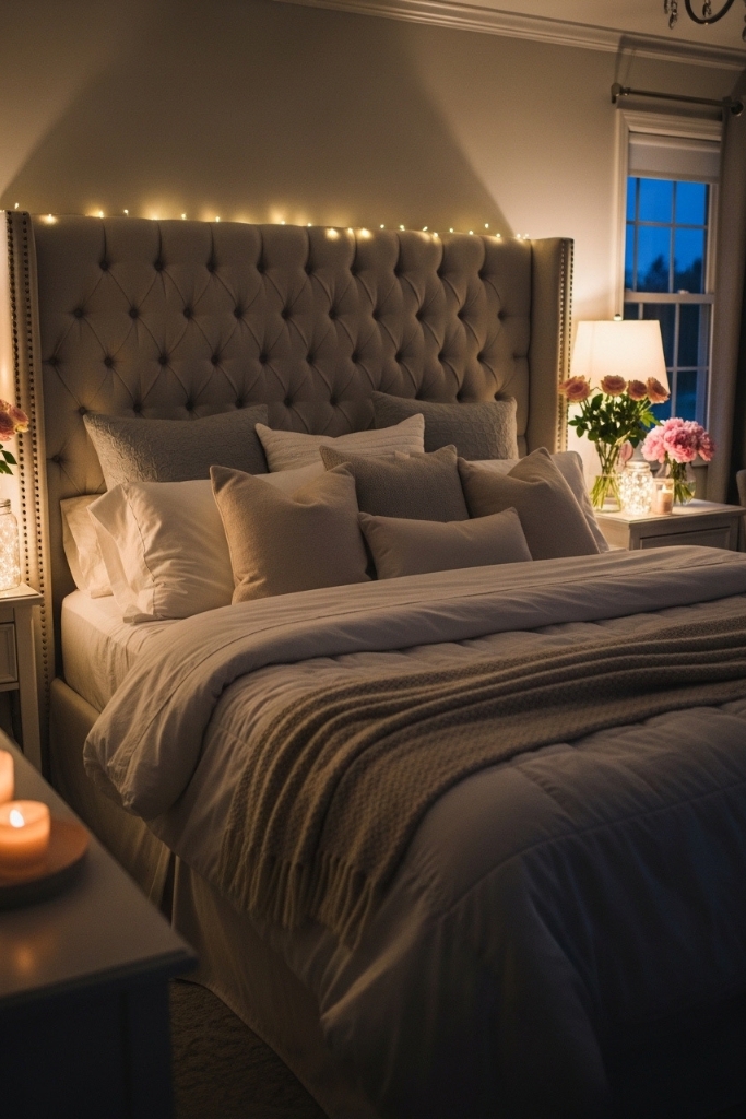Bedroom with tufted headboard and romantic bedding for couples