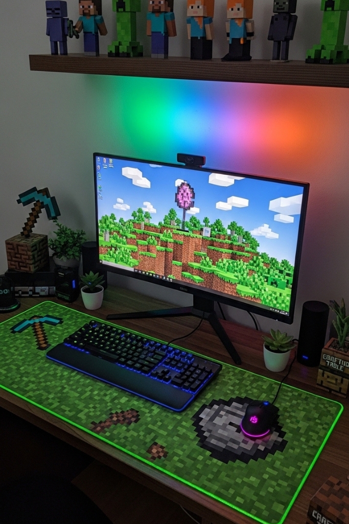 Minecraft gaming desk setup with pixel-themed accessories and figurines