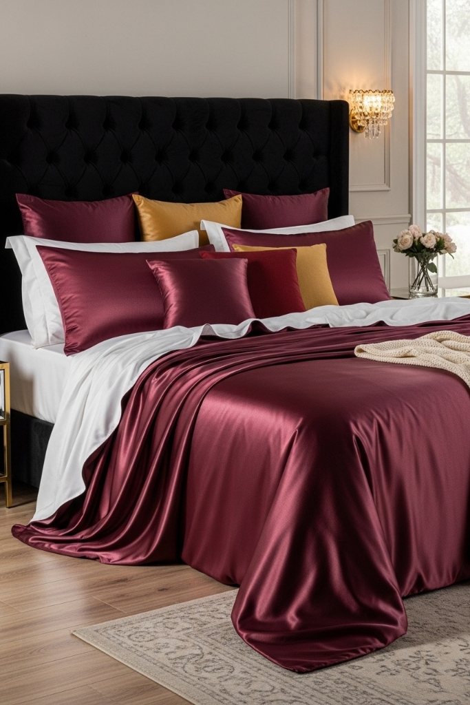 Romantic bedroom with silk satin bedding and plush pillows