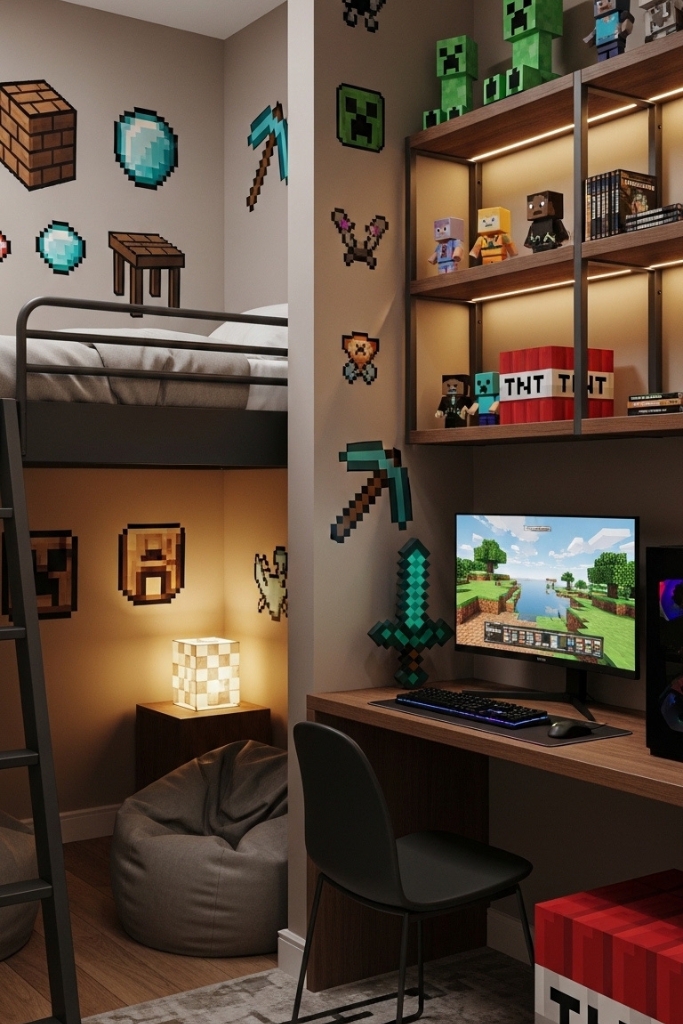 Small Minecraft bedroom with gaming desk and vertical storage.