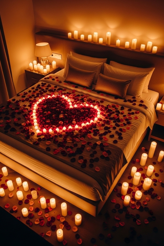 Romantic bedroom setup for anniversary with rose petals and candles