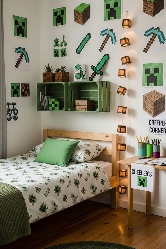 Budget Minecraft bedroom makeover with DIY decor and printable wall art