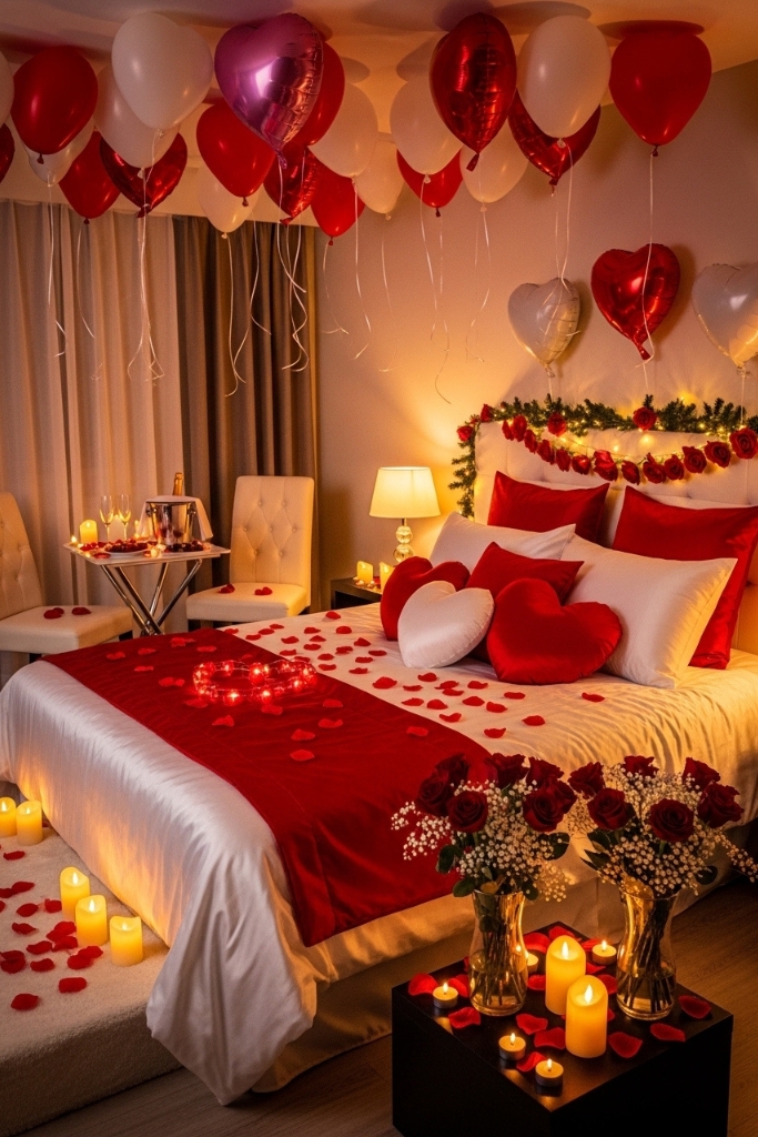 Romantic Valentine’s Day bedroom setup with flowers and heart-shaped decor