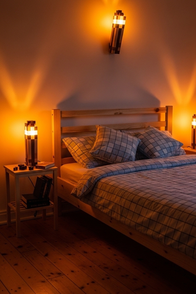 Minecraft-inspired torch lights on bedroom walls and nightstands
