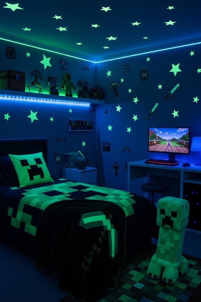 Glow-in-the-dark Minecraft bedroom with pixel star decals and themed bedding