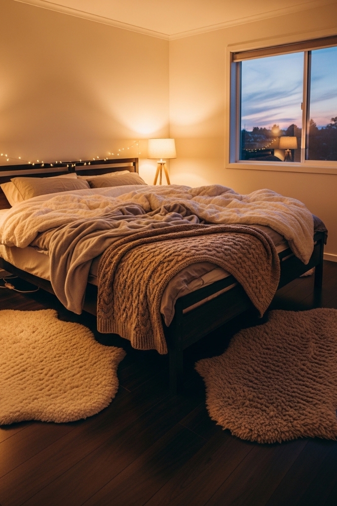 Cozy romantic bedroom with soft blankets and rugs for couples